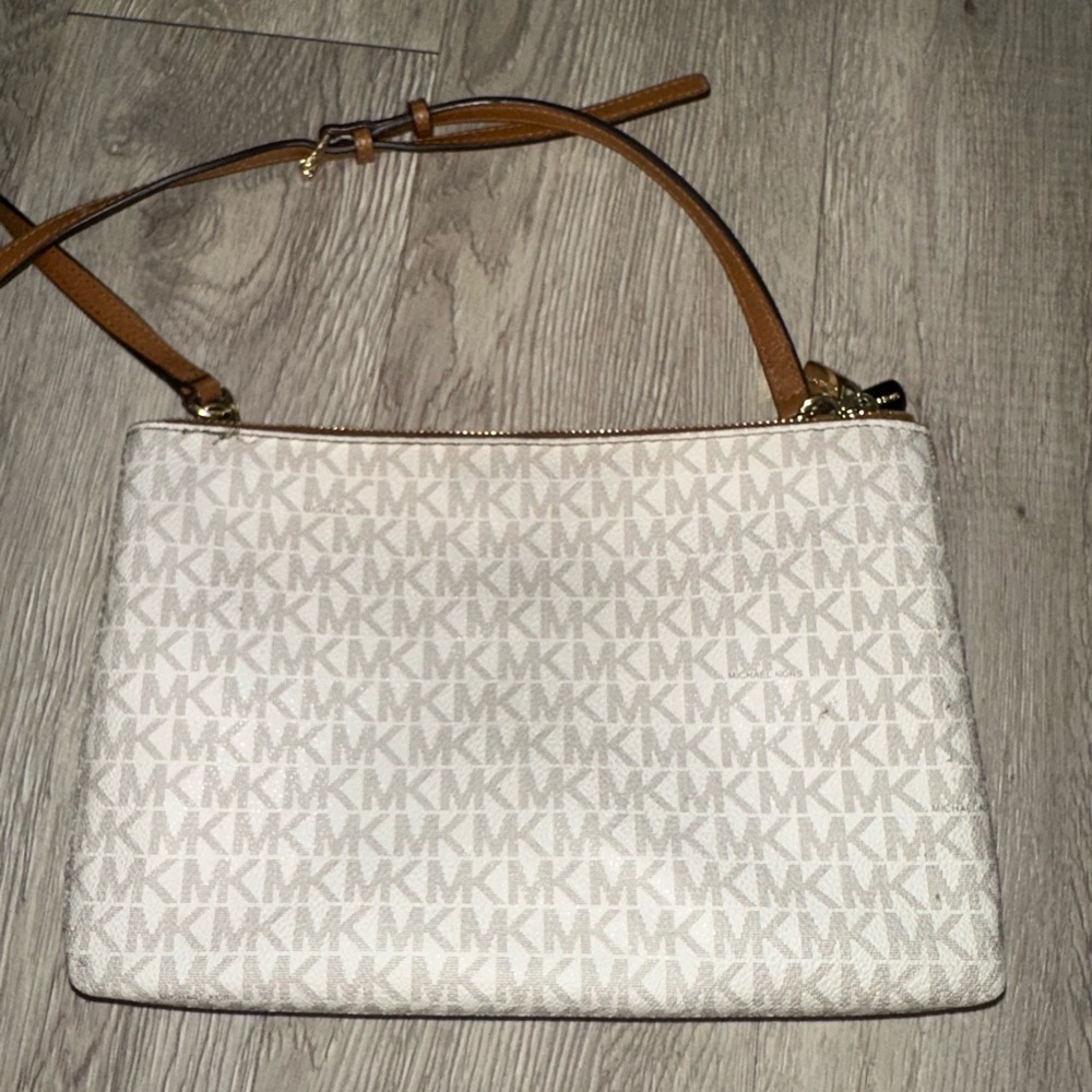 Michael Kors Tan Leather Monogram 2 Sided Crossbody Bag Purse